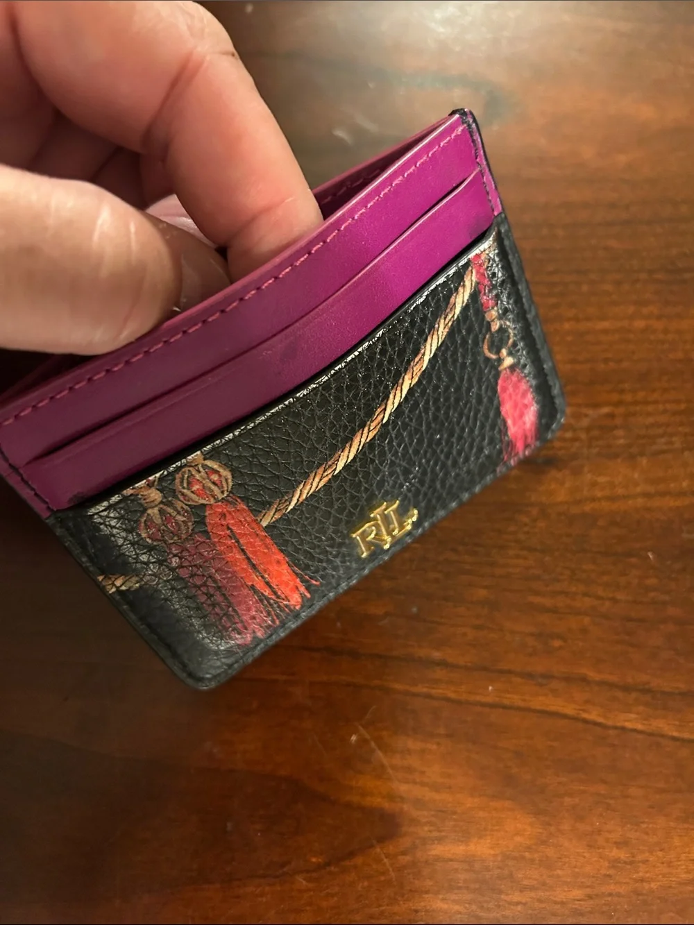 Ralph Lauren Black Card Holder with Pink Accents and Gold RL Logo